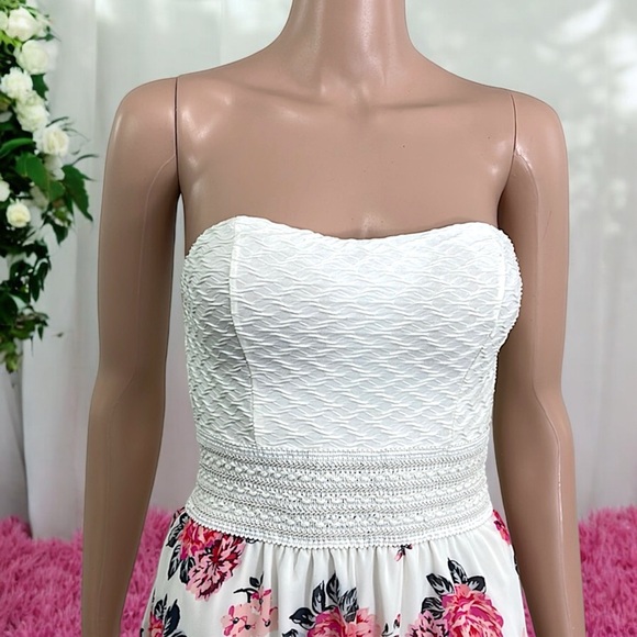 No Boundaries Strapless Floral Print Flowy Asymmetrical Chiffon Skirt Dress - Picture 5 of 16